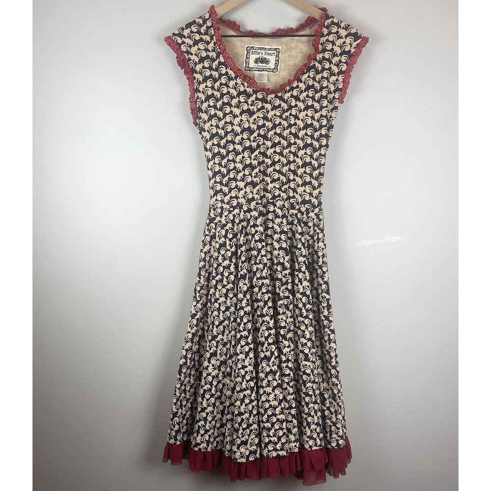 Effie's Heart Navy and Cream Floral Midi Dress with Red Trim